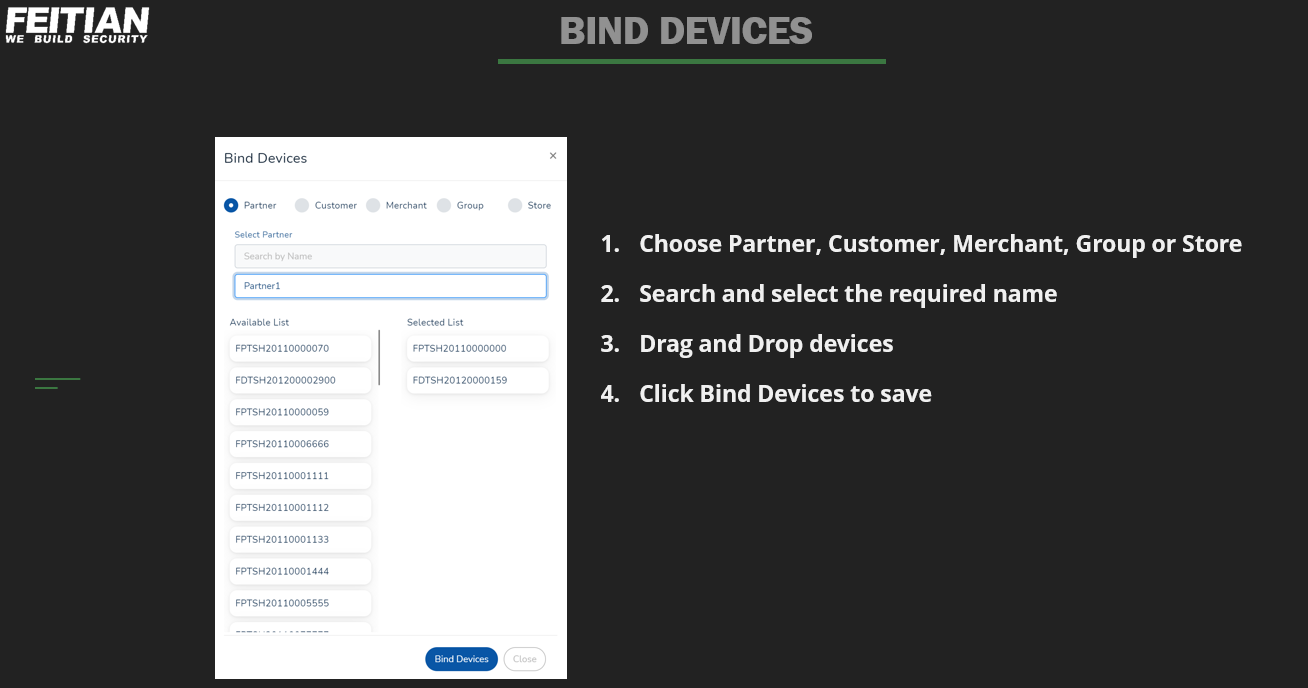 How to bind devices to Partner, Customer, Merchant or a Store